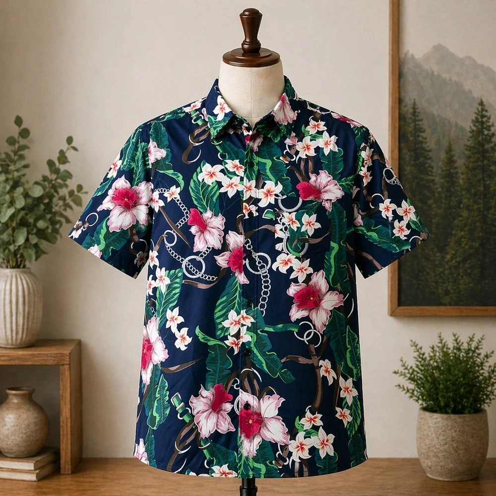 Mens Tropical Floral Chain Print Short Sleeve Button Up Shirt Navy L